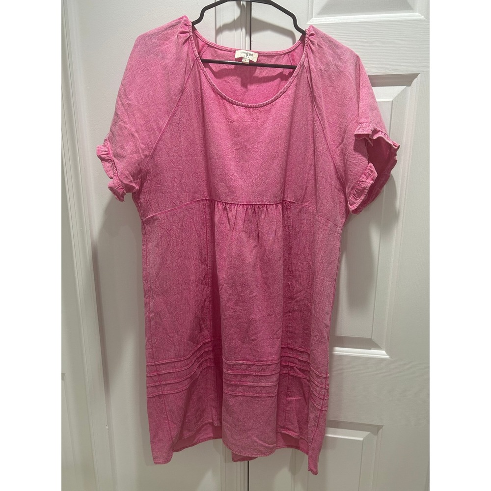 UMGEE Pink Linen Flutter Sleeve Pintuck Hem Scoop Neck Mini Dress Women